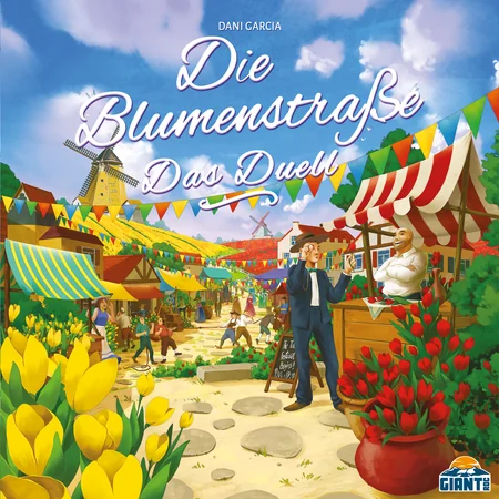 Die Blumenstraße: Das Duell Brettspiel mit Tulpenfeldern, Windmühlen, Farmtableaus und Spielmaterial zum Anbau und Handel