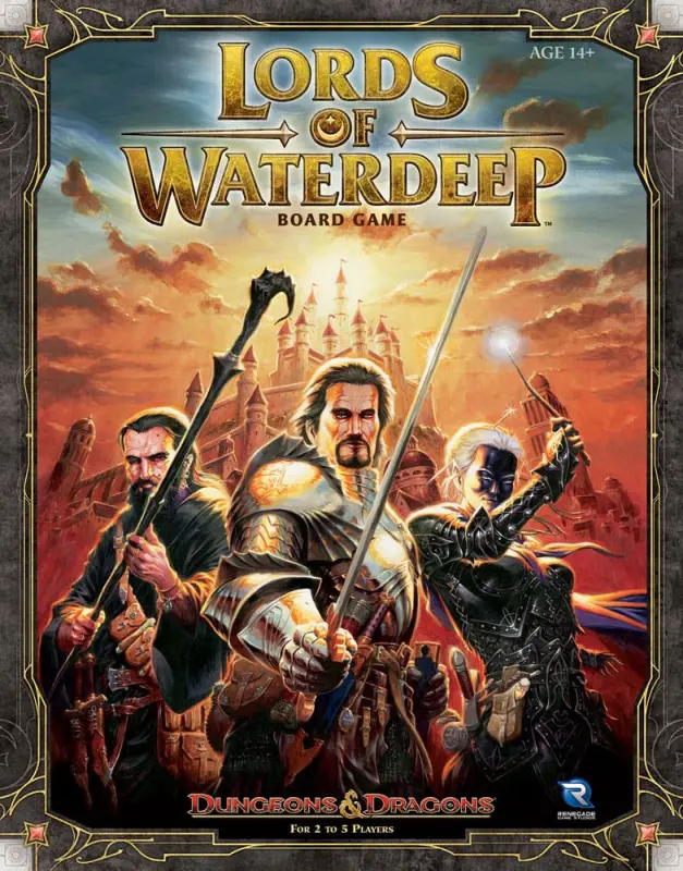 Lords of Waterdeep Brettspiel mit Stadtplan, Agentenfiguren, Abenteurer-Ressourcen, Gebäuden und Questkarten im Forgotten-Realms-Universum