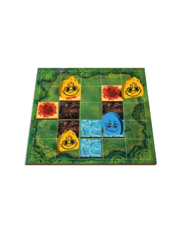 Himizu Strategiespiel mit Feuer- und Wasserplättchen, Spielfiguren und einem Raster-Spielplan für das asymmetrische Wald-Duell