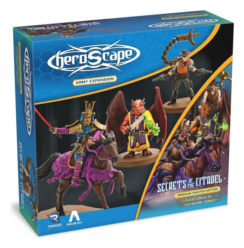 Heroscape Crooked Crew of the Clockwork Combine mit drei Helden und Schatzglyphe