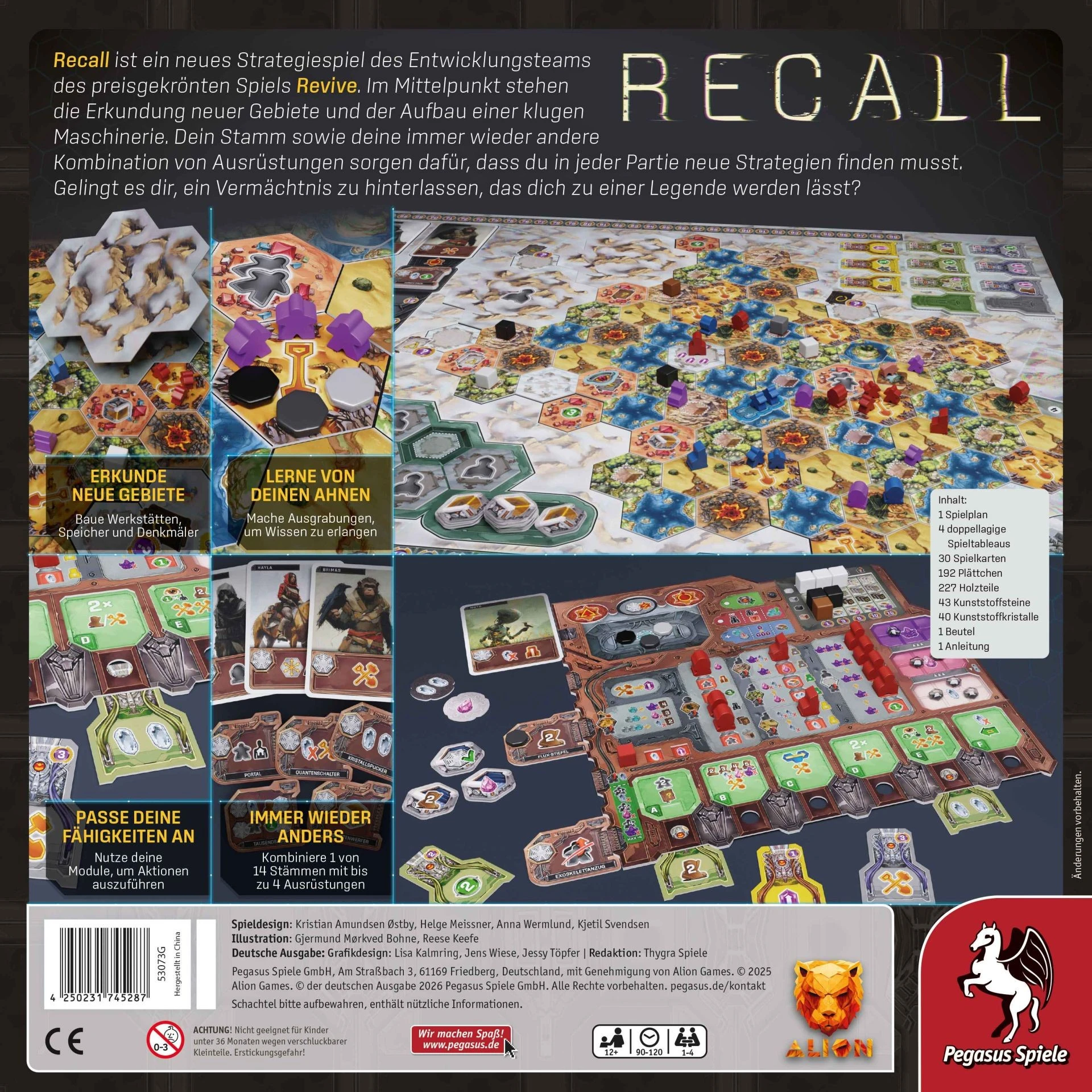 Recall Brettspiel mit Stammesfiguren, Erkundungsgebieten, Aktionskarten, Relikten und Spielmaterial zum Aufbau alter Zivilisationen