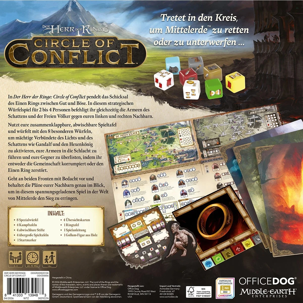 Der Herr der Ringe Circle of Conflict Brettspiel mit Spezialwürfeln, abwischbaren Spieltafeln, Gollum-Holzfigur und Mittelerde-Motiven