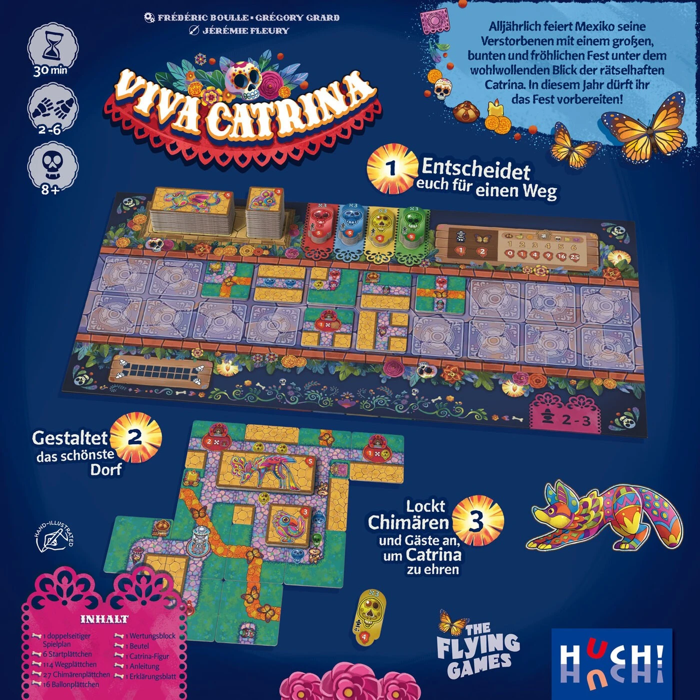 Viva Catrina Brettspiel mit farbenfrohen Dorfplättchen, Catrina, Chimären, Ballons und Blumenpfaden