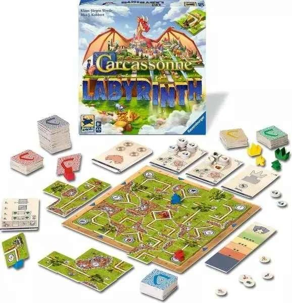 Carcassonne Labyrinth Brettspiel mit Spielplan, 96 Plättchen, Spielfiguren und Karten