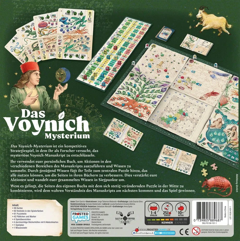 Das Voynich-Mysterium Strategiespiel mit Manuskriptkarten, Puzzleteilen und Spielplan