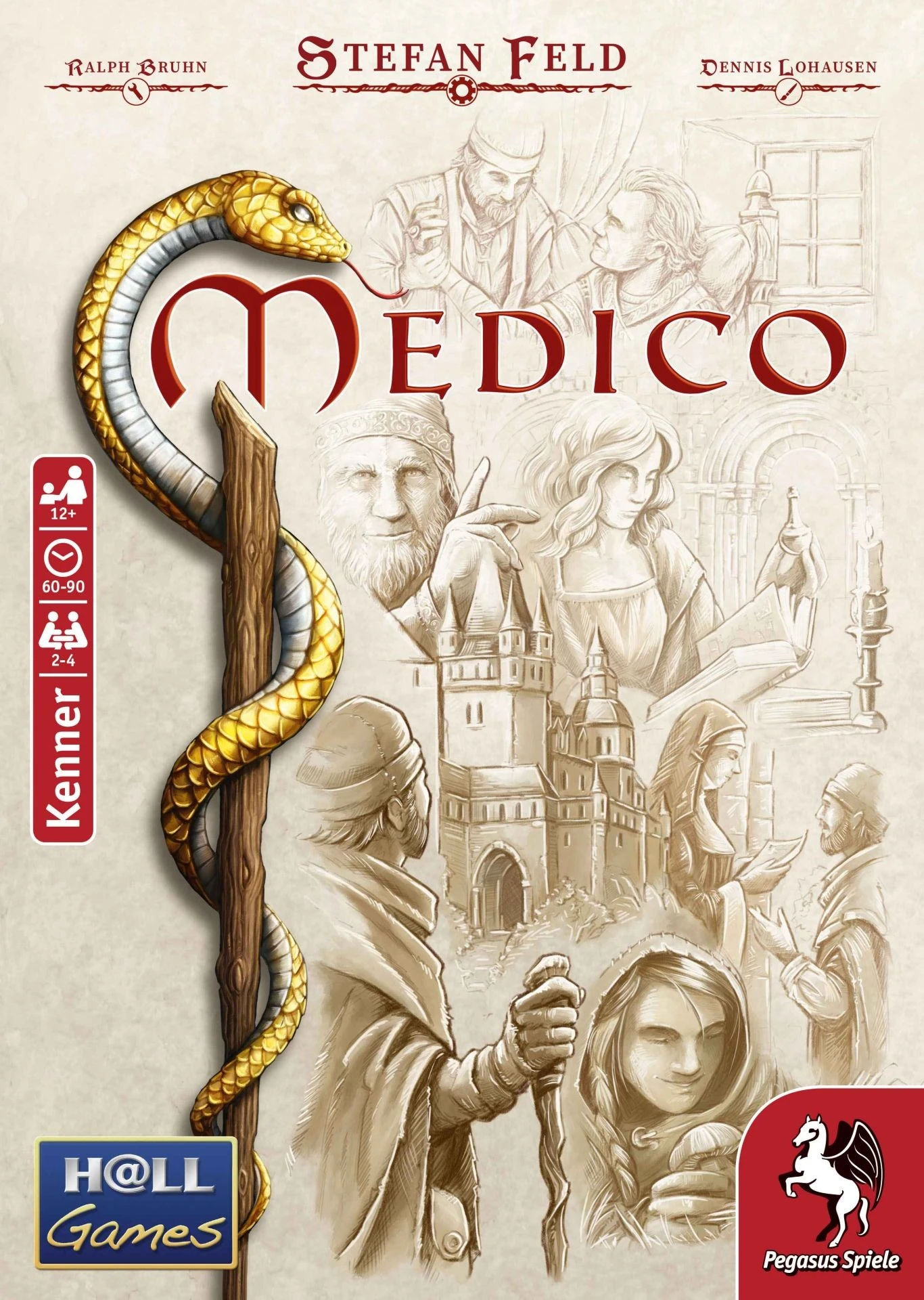 Medicus Brettspiel mit mittelalterlichem Spielplan, Heilmitteln, Wissensmarkern, Münzen und Holzfiguren