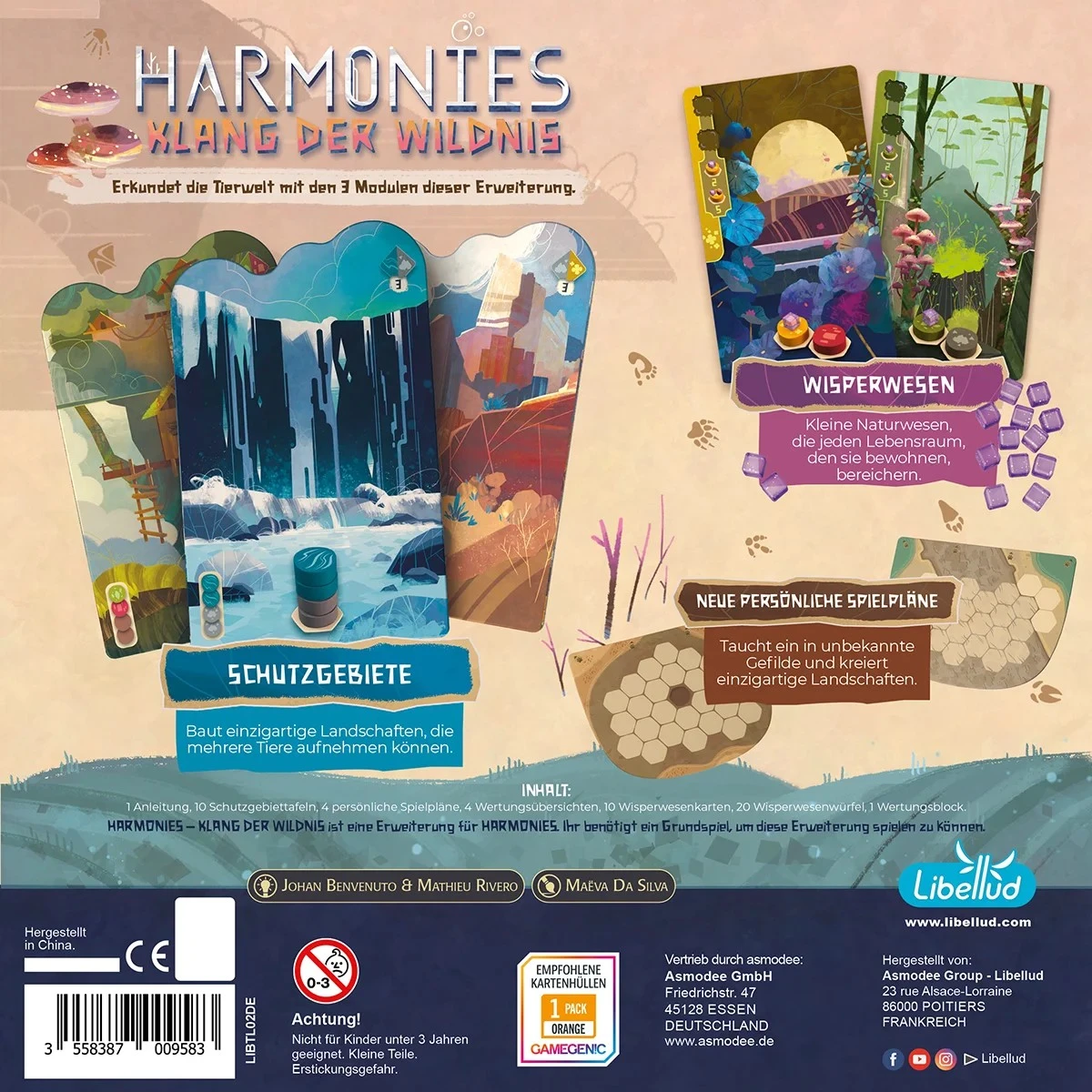 Harmonies: Klang der Wildnis Erweiterung mit neuen Landschaftsplänen, farbigen Spielsteinen, Tierkarten und Wisperwesen